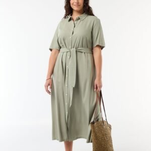 vestido-camisero-de-manga-corta-con-cinturon-verde-fip46_3_hd2 فستان Vestido camisero